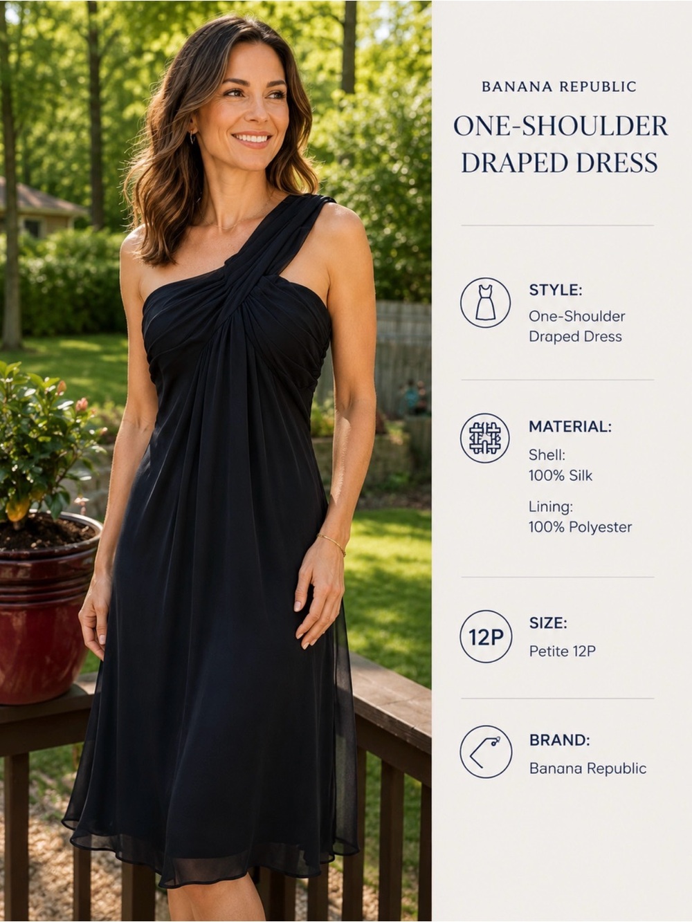 Banana Republic Black One-Shoulder Draped Cocktail Dress 100% silk 12P 12 petite